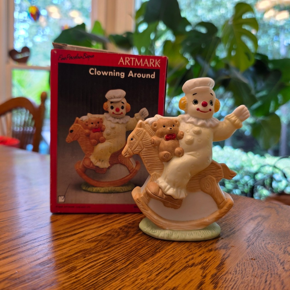 Artmark Clowning Around Vintage 1989 Porcelain Bisque Clown Rocking Horse Gift